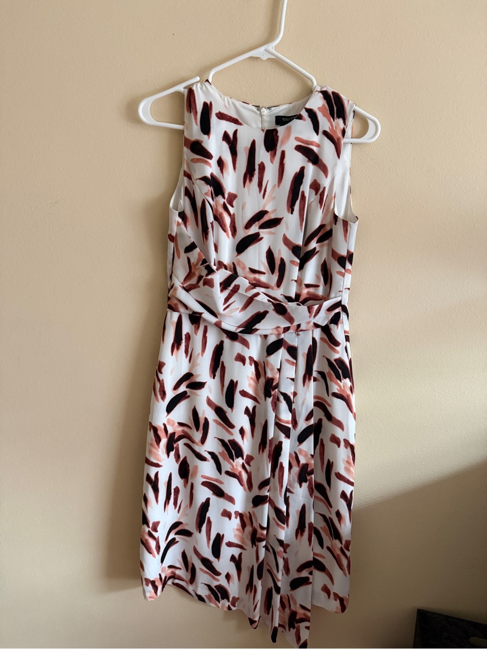 White House Black Market White Dress with Brown & Black Brushstroke Print
